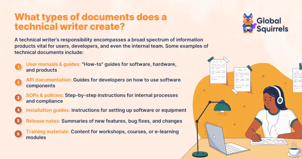 Technical writer document types: manuals, API docs, SOPs, installation guides, release notes, and training content.